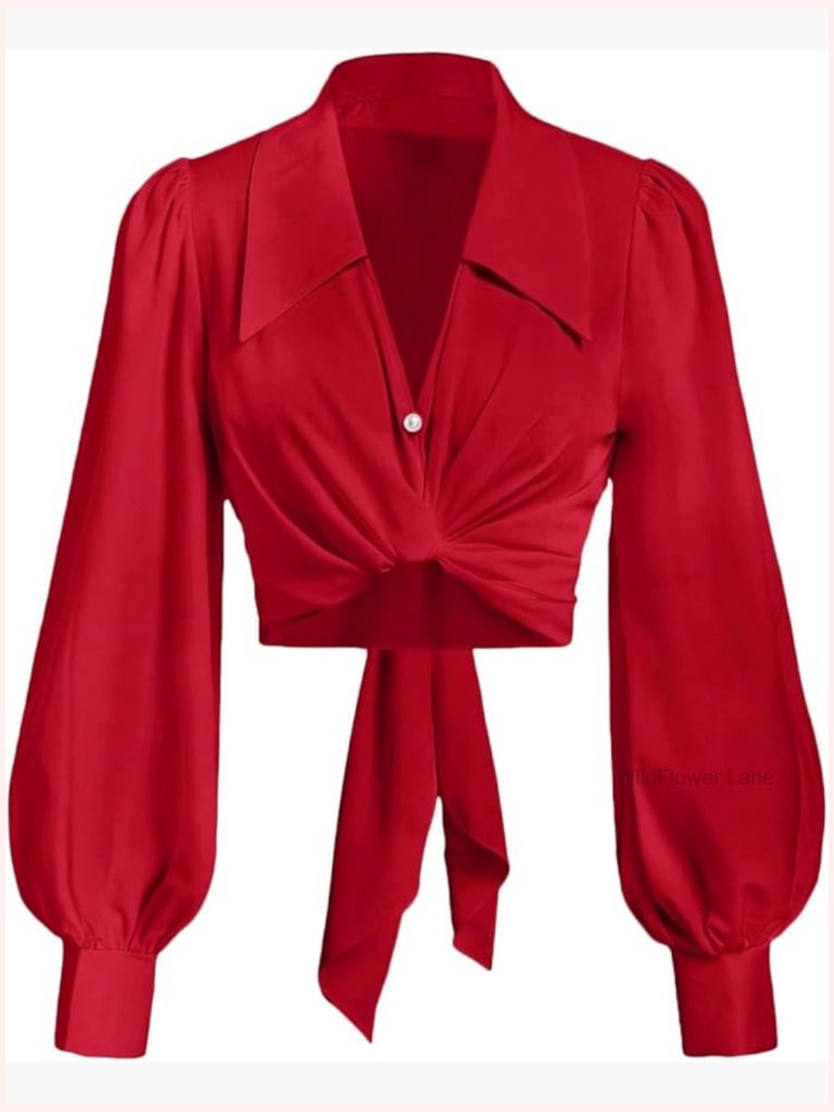 Long Sleeve Self Tie Wrap Crop Top Button Down Blouse